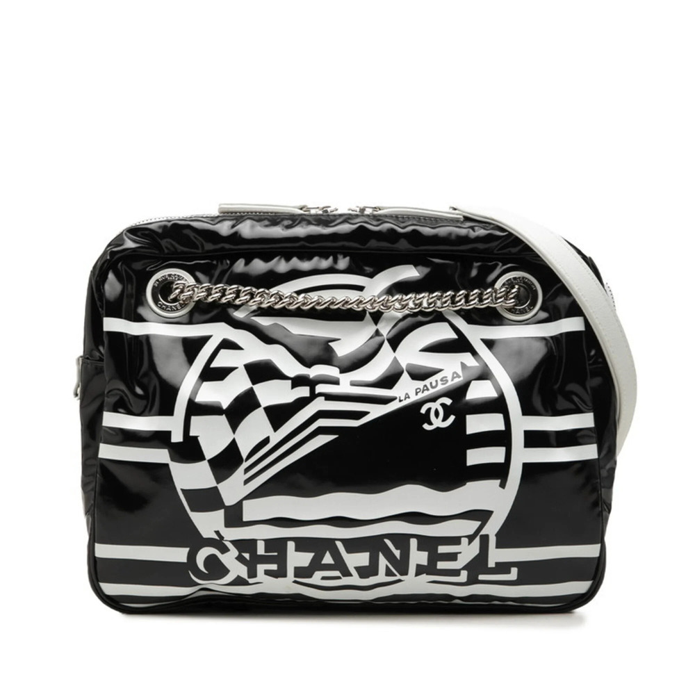 Chanel LA PAUSA Chain Shoulder Bag, Logo, Black and White Leather, Women's CH...
